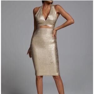 Athina Metallic Gold Two-Piece Halter Top & Midi Skirt Set SZ L